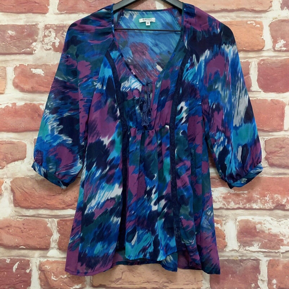 Buffalo David Bitton Top Women's XS Blue Purple Multicolor Boho Abstract Blouse